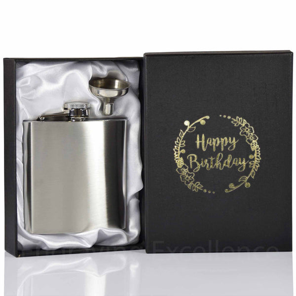 6oz Hip Flask with Funnel and Gift Box - Happy Birthday Printed Lid