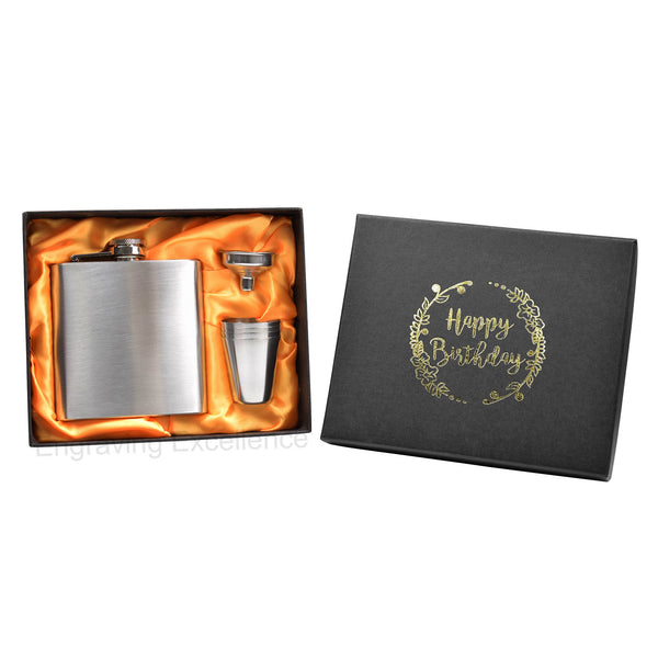 6oz Hip Flask in Gift Box with Funnel and Cups with a printed Happy Birthday lid