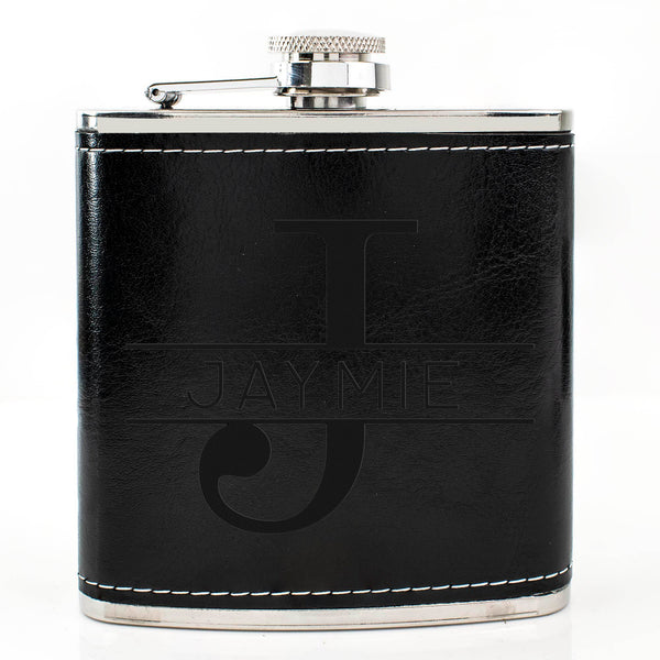 Black Leather Hip Flask Gift Set - Monogram Design