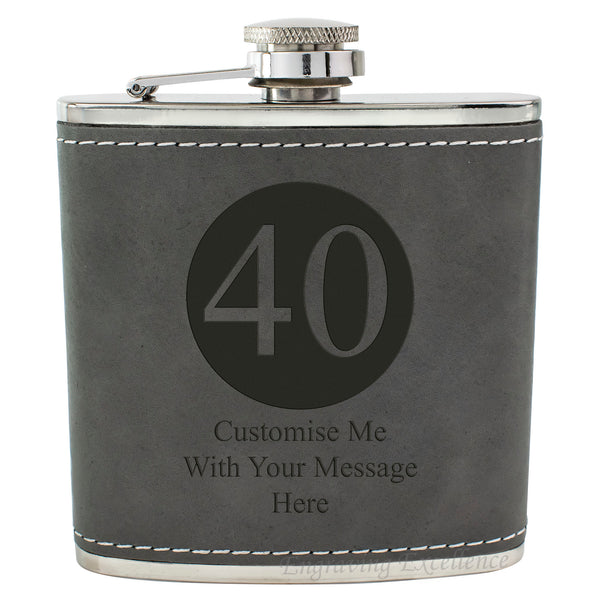 Grey Leather Hip Flask Gift Set - Happy Birthday Style 1