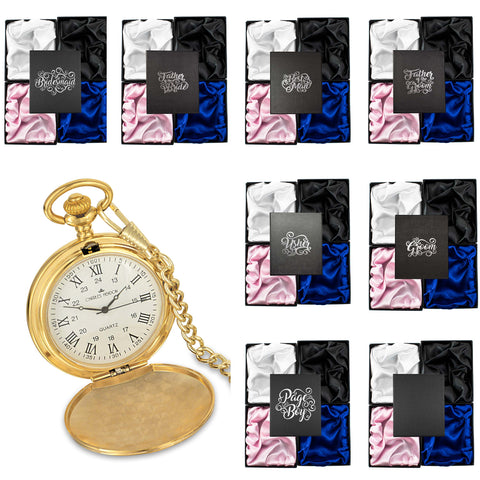 Gold Pocket Watch with Roman Numerals in a Wedding Printed Gift Box