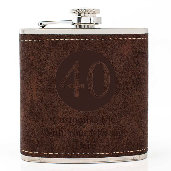 Brown Leather Hip Flask Gift Set - Happy Birthday Style 1