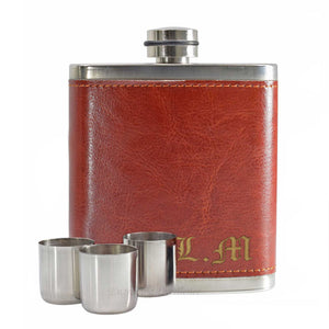 Personalised 8oz Leather Case Hip Flask with 3 Cups