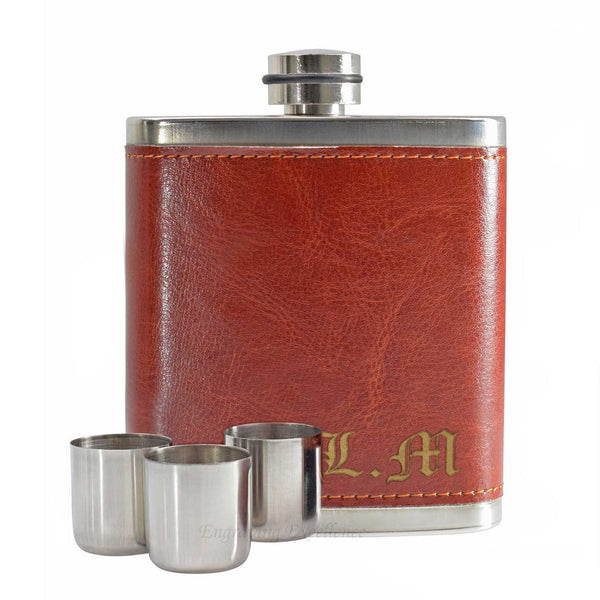 Personalised 8oz Leather Case Hip Flask with 3 Cups