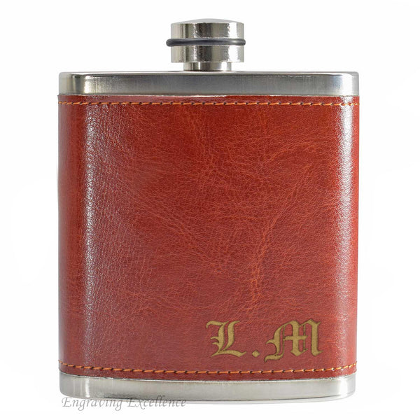 Personalised 8oz Leather Case Hip Flask with 3 Cups