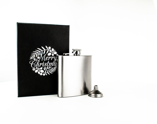 6oz Hip Flask with Funnel and Gift Box - Silver Merry Christmas Printed Lid