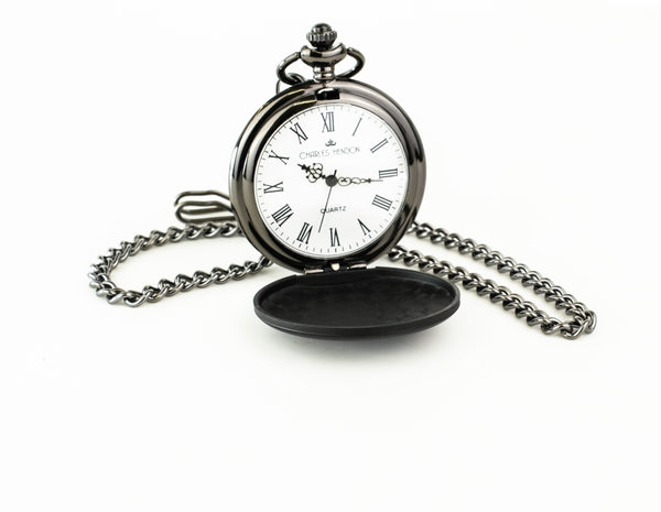 Black Pocket Watch with Roman Numerals