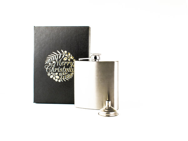 6oz Hip Flask with Funnel and Gift Box - Merry Christmas Gold Printed Lid