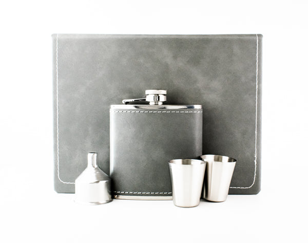 Grey Leather Hip Flask Gift Set - Happy Birthday Style 2