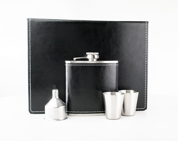 Black Leather Hip Flask Gift Set - Christmas Design
