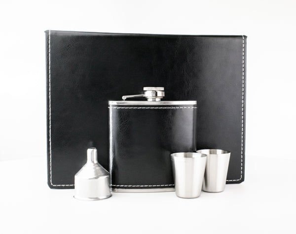 Black Leather Hip Flask Gift Set - Happy Birthday Style 3