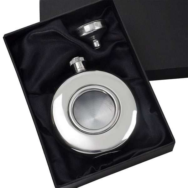 5oz Round Hip Flask - Clear Front - Silver Band