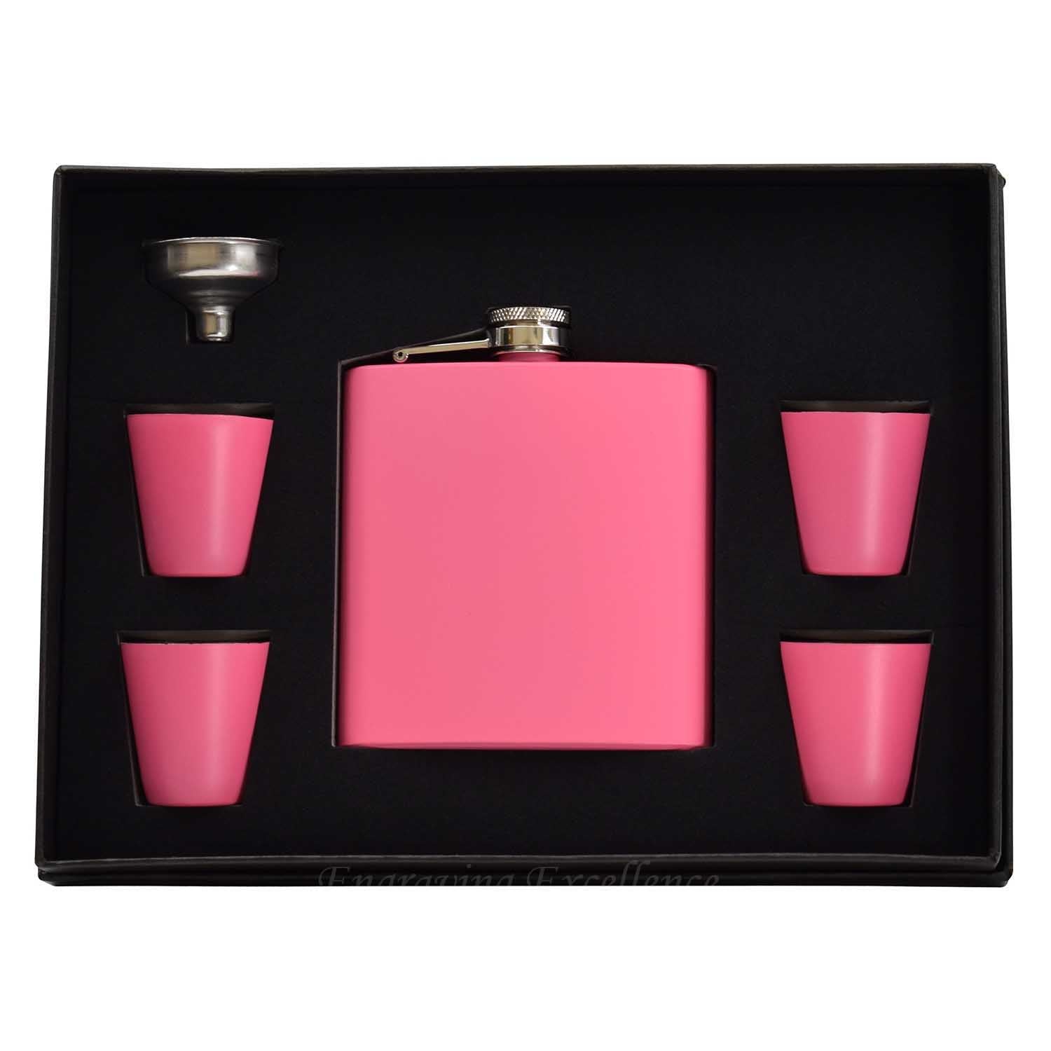Pink 6oz Hip Flask in a Gift Box with Funnel and Cups
