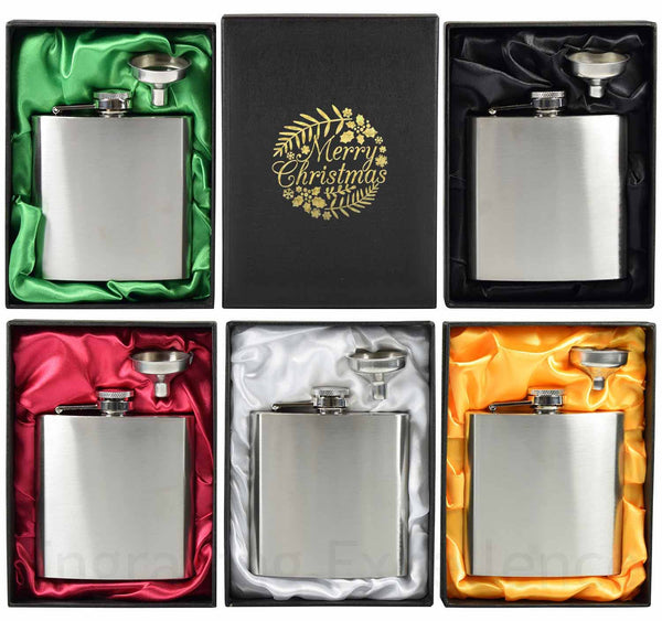 6oz Hip Flask with Funnel and Gift Box - Merry Christmas Gold Printed Lid