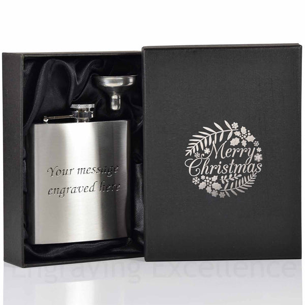 6oz Hip Flask with Funnel and Gift Box - Silver Merry Christmas Printed Lid