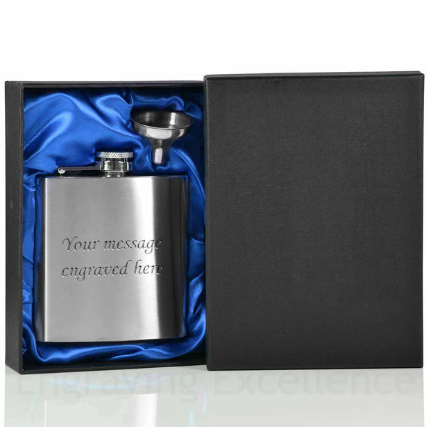 Wedding hot-foil pressed box-lids with 6oz Hip Flask with Funnel