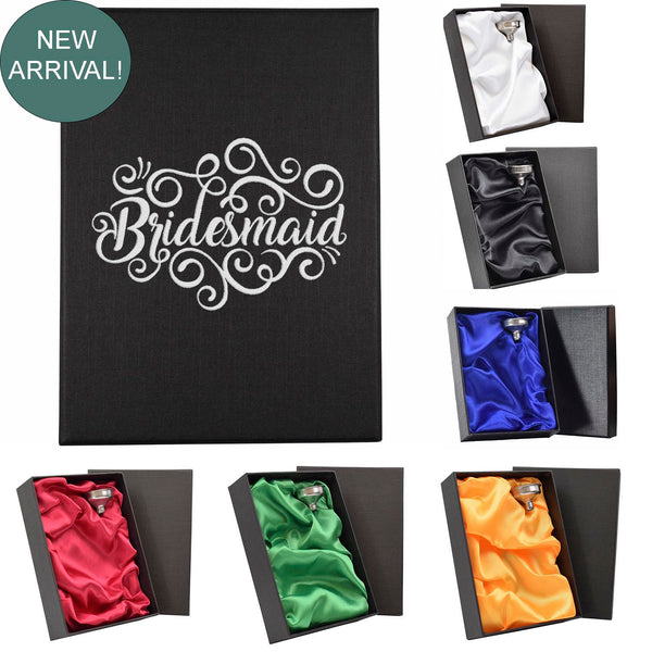 Wedding hot-foil pressed box-lids with 6oz Hip Flask with Funnel