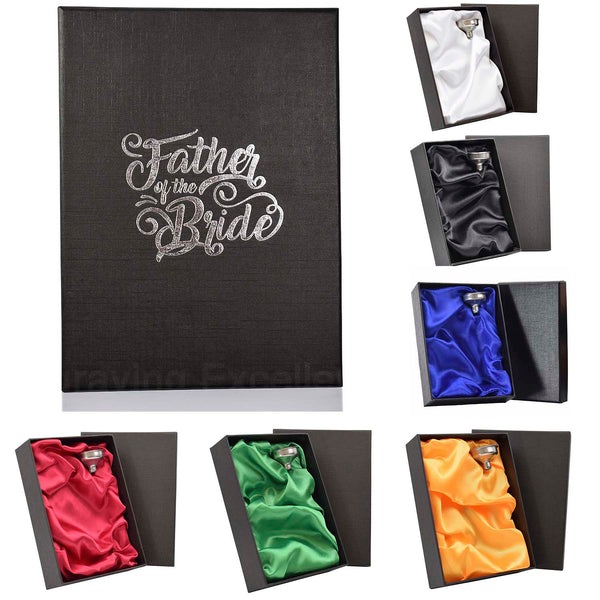 Wedding hot-foil pressed box-lids with 6oz Hip Flask with Funnel