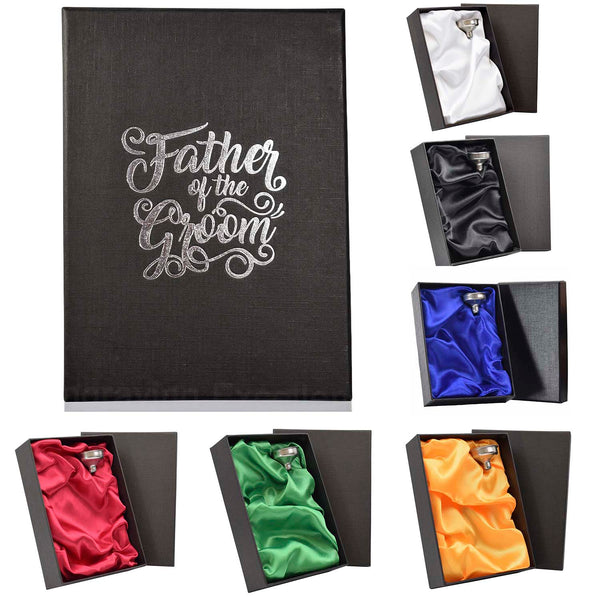 Wedding hot-foil pressed box-lids with 6oz Hip Flask with Funnel