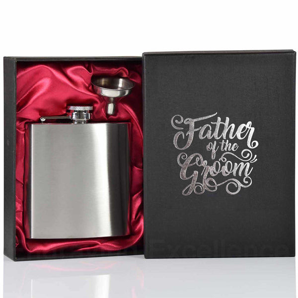 Wedding hot-foil pressed box-lids with 6oz Hip Flask with Funnel