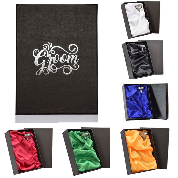 Wedding hot-foil pressed box-lids with 6oz Hip Flask with Funnel