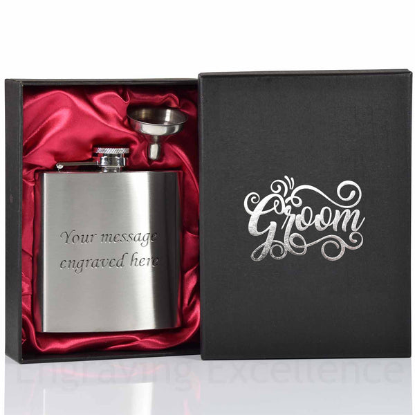 Wedding hot-foil pressed box-lids with 6oz Hip Flask with Funnel