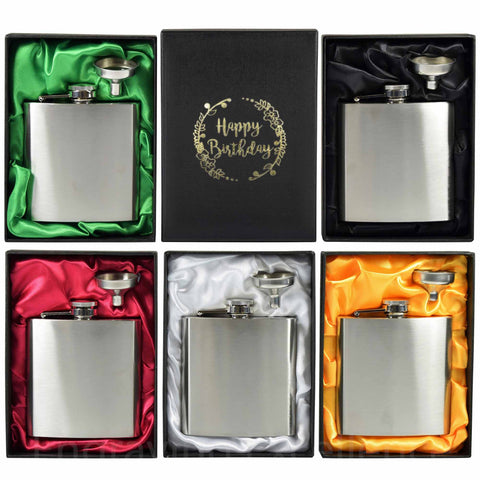 6oz Hip Flask with Funnel and Gift Box - Happy Birthday Printed Lid