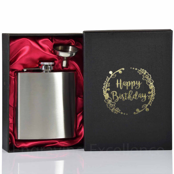 6oz Hip Flask with Funnel and Gift Box - Happy Birthday Printed Lid