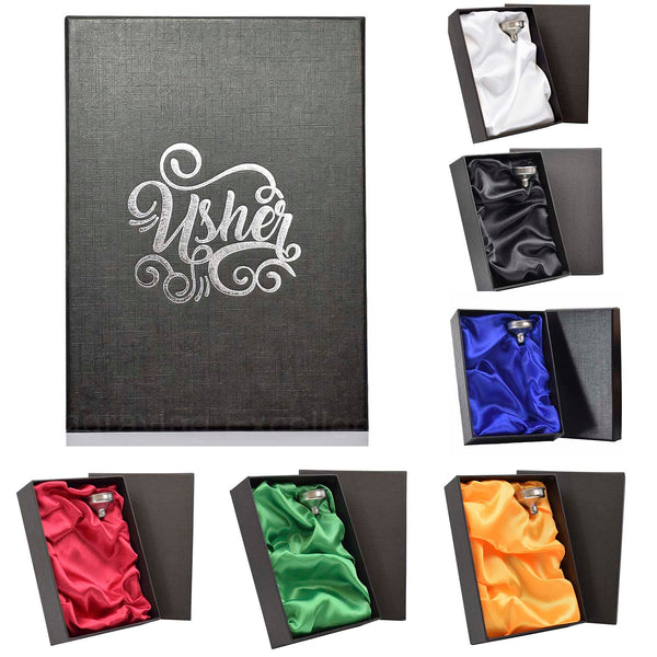 Wedding hot-foil pressed box-lids with 6oz Hip Flask with Funnel