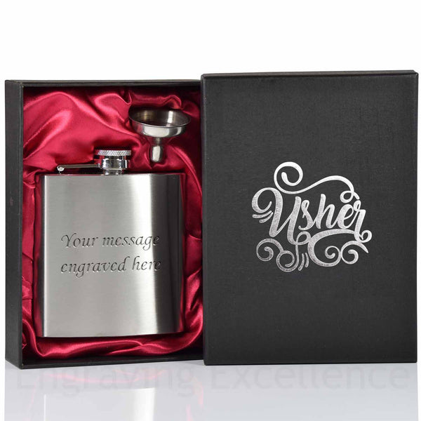 Wedding hot-foil pressed box-lids with 6oz Hip Flask with Funnel