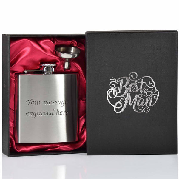 Wedding hot-foil pressed box-lids with 6oz Hip Flask with Funnel