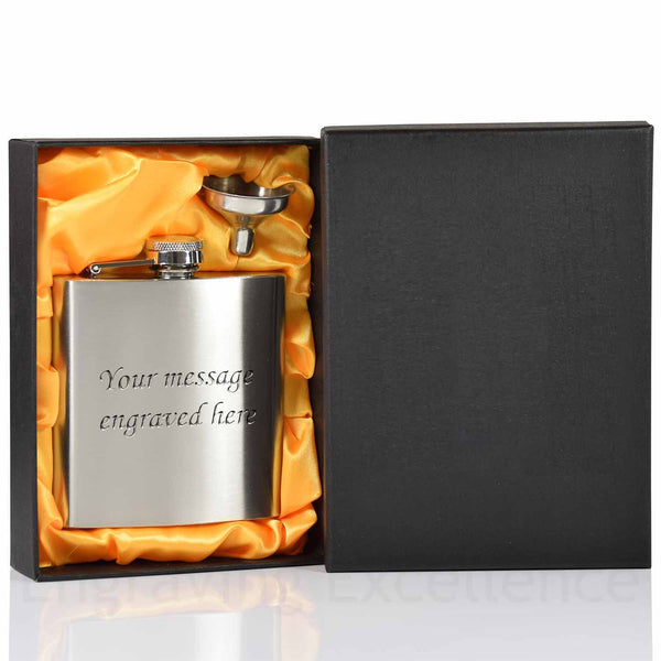 Wedding hot-foil pressed box-lids with 6oz Hip Flask with Funnel