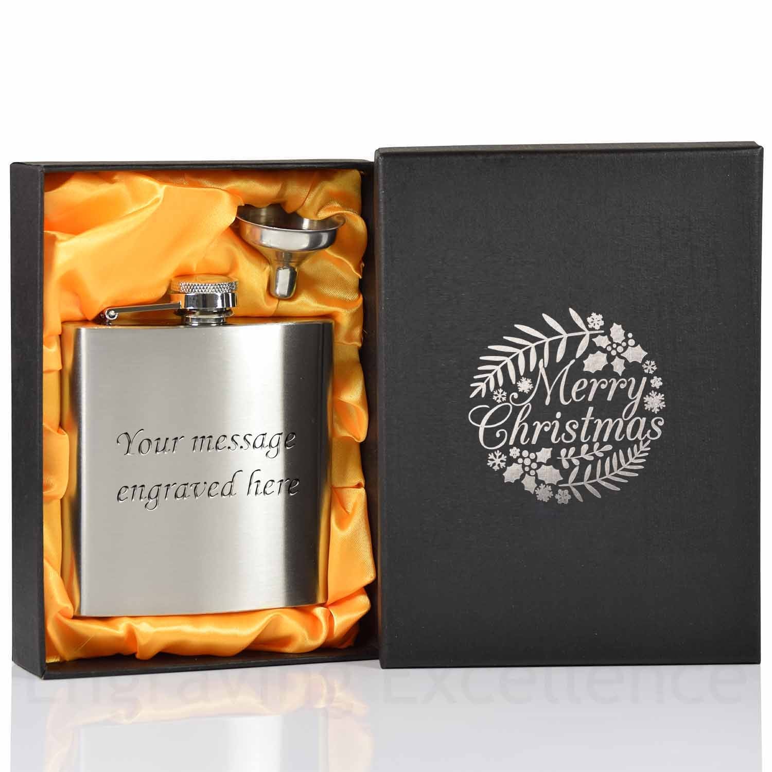 6oz Hip Flask with Funnel and Gift Box - Silver Merry Christmas Printed Lid