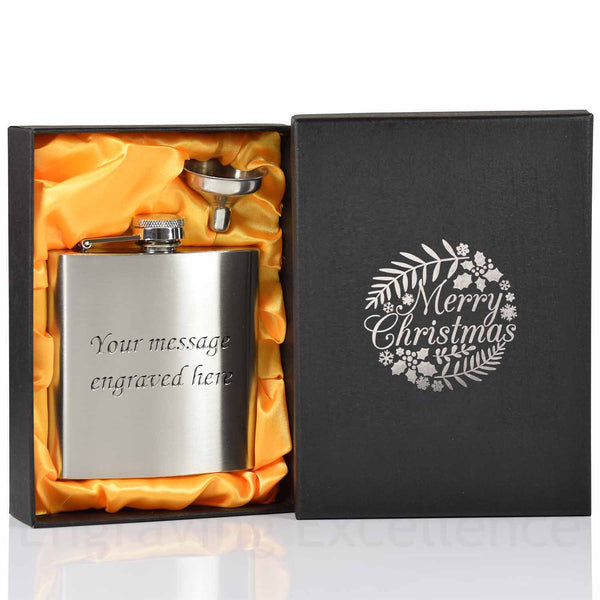 6oz Hip Flask with Funnel and Gift Box - Silver Merry Christmas Printed Lid