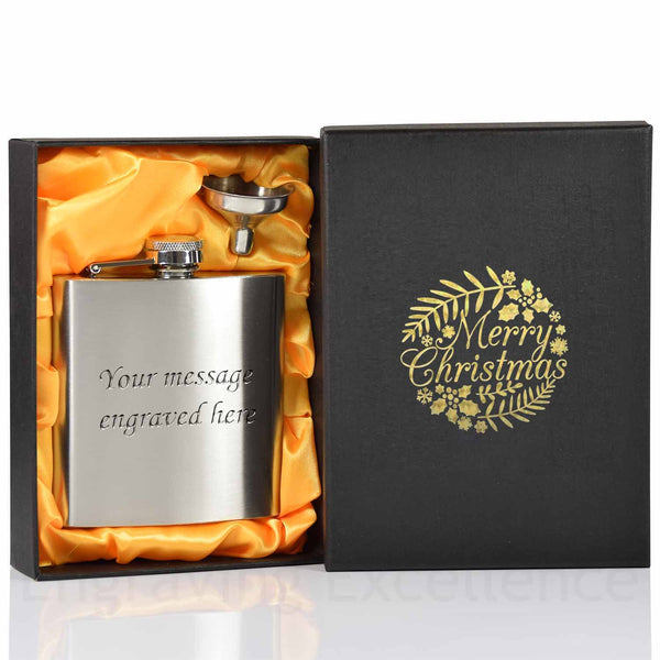 6oz Hip Flask with Funnel and Gift Box - Merry Christmas Gold Printed Lid