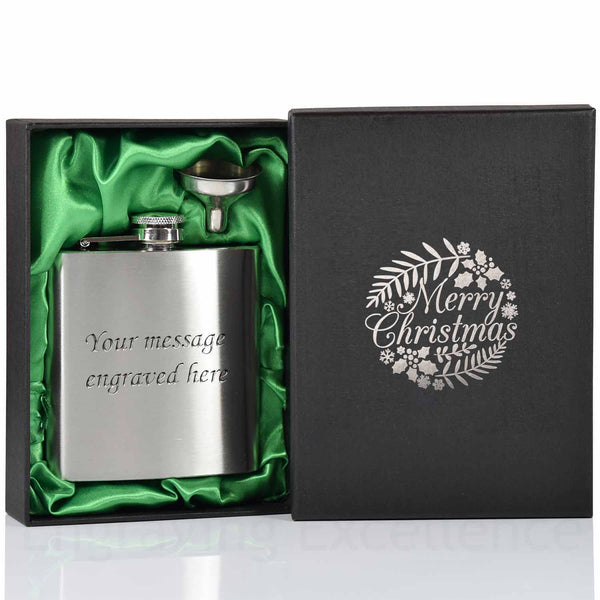 6oz Hip Flask with Funnel and Gift Box - Silver Merry Christmas Printed Lid