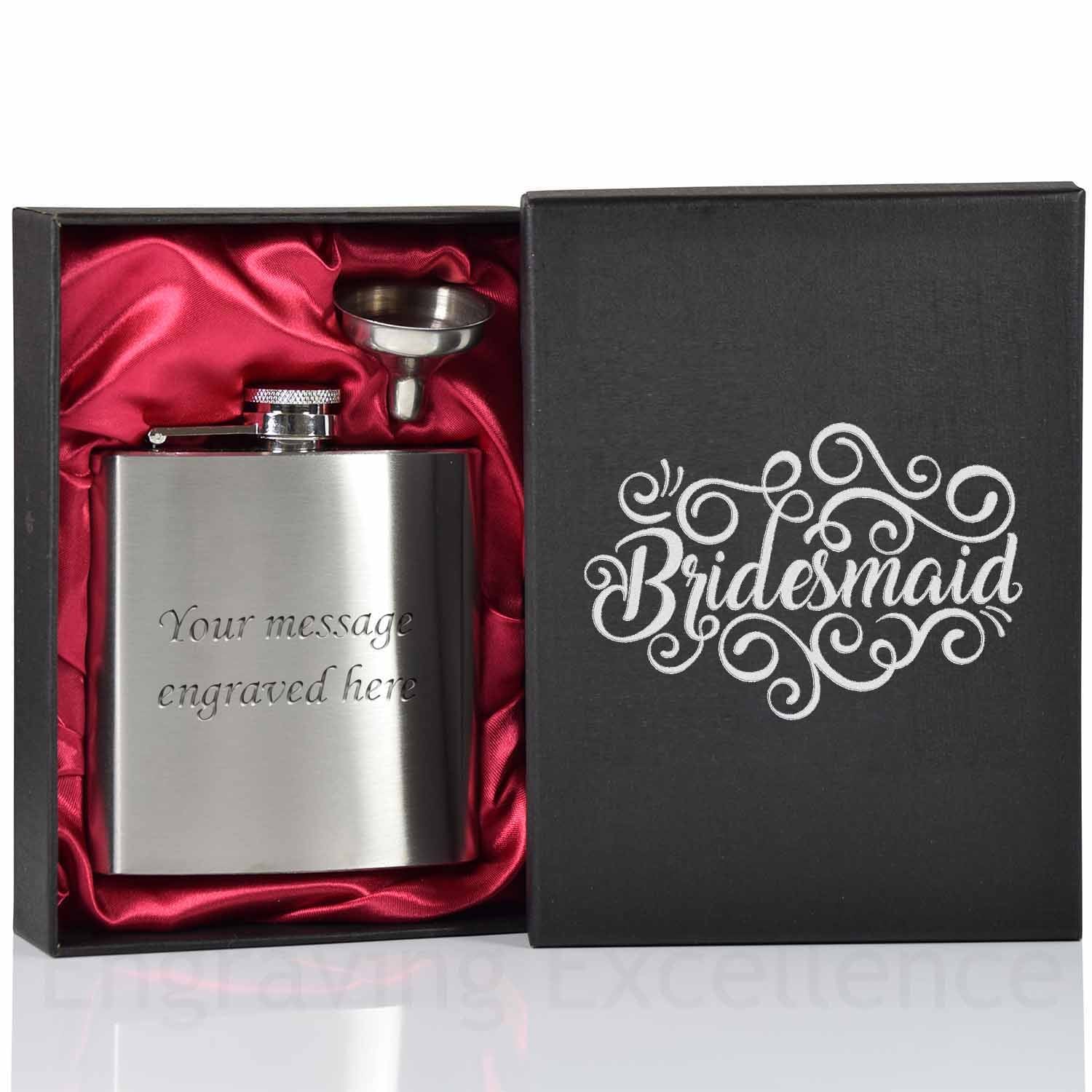 Wedding hot-foil pressed box-lids with 6oz Hip Flask with Funnel