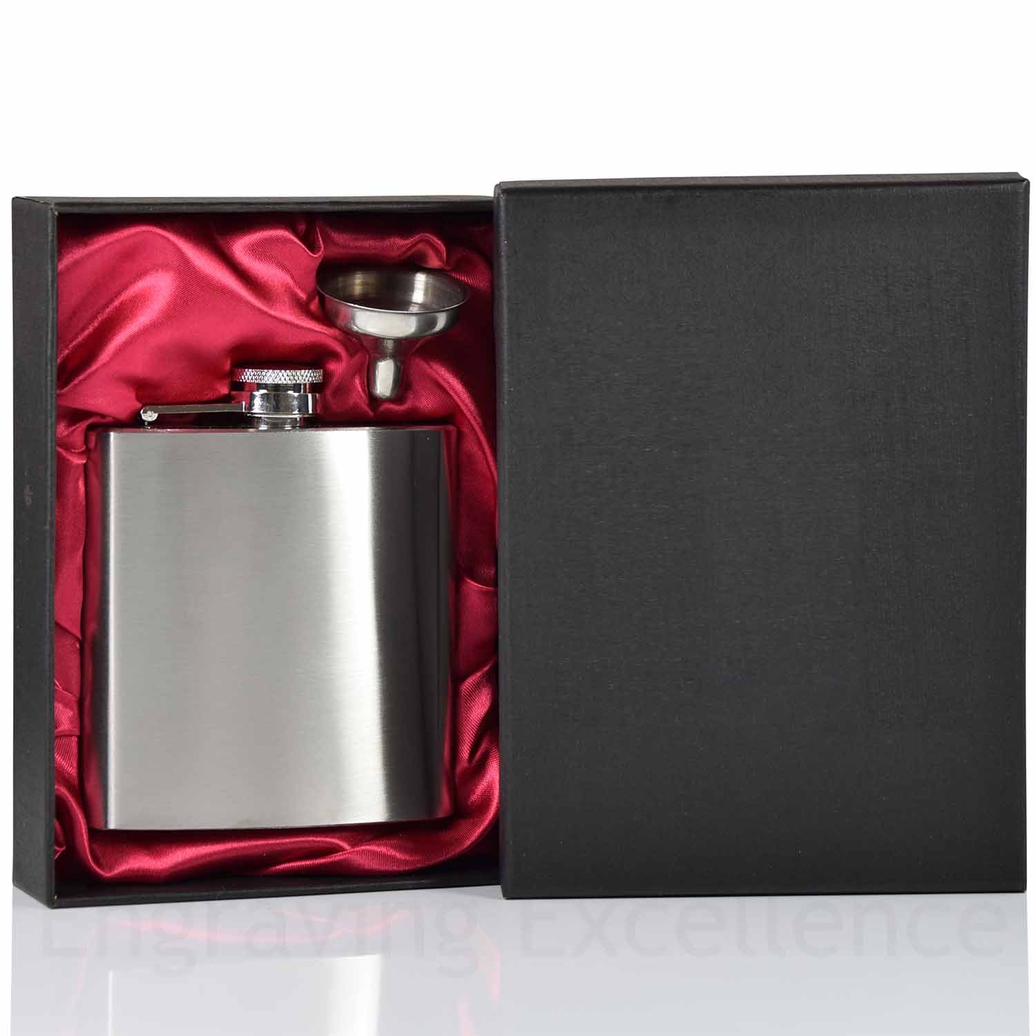 6oz Hip Flask with Funnel and Gift Box - Coloured Lined Boxes