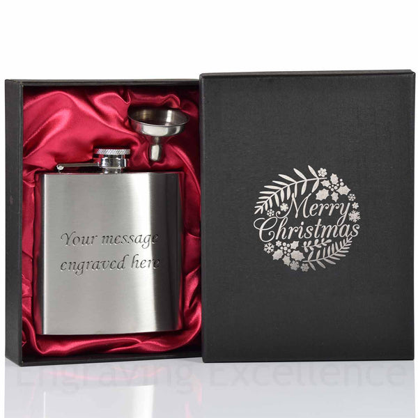 6oz Hip Flask with Funnel and Gift Box - Silver Merry Christmas Printed Lid