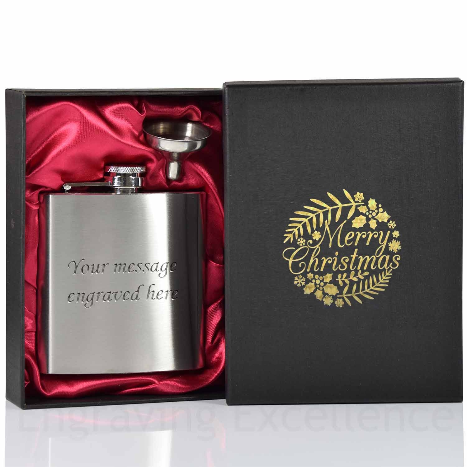 6oz Hip Flask with Funnel and Gift Box - Merry Christmas Gold Printed Lid