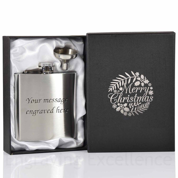 6oz Hip Flask with Funnel and Gift Box - Silver Merry Christmas Printed Lid