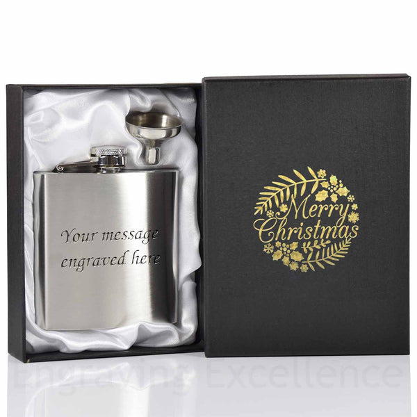 6oz Hip Flask with Funnel and Gift Box - Merry Christmas Gold Printed Lid