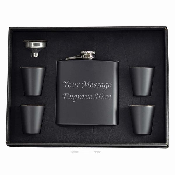 Black Stainless Steel 6oz Hip Flask with Funnel and 4 Cups in a Presentation Box