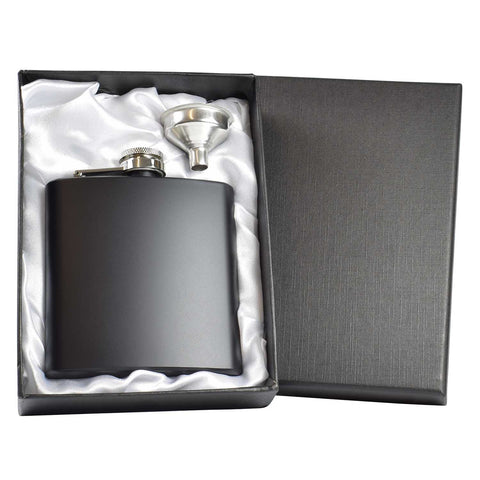 Black 6oz Hip Flask with Funnel and Satin Lined Gift Box