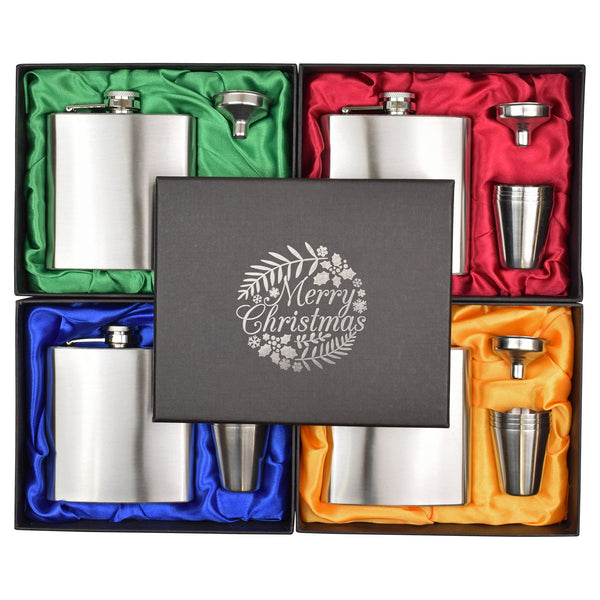 Merry Christmas 6oz Hip Flask in Gift Box with Funnel and Cups