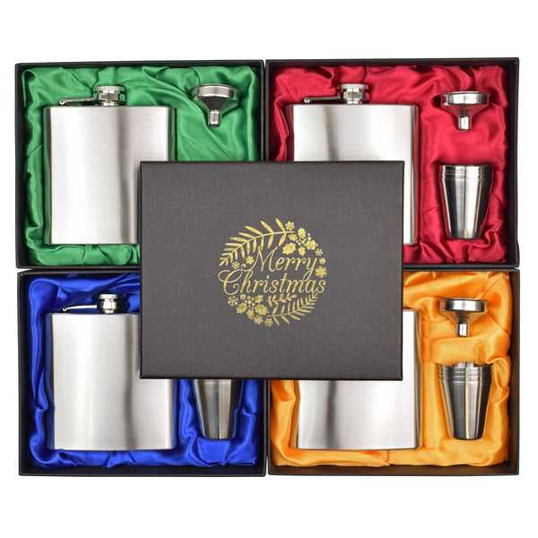 Merry Christmas 6oz Hip Flask in Gift Box with Funnel and Cups