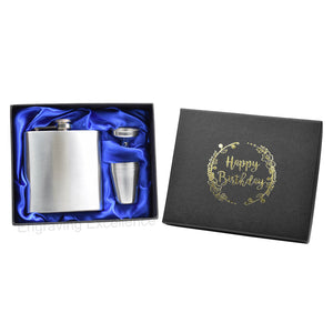 6oz Hip Flask in Gift Box with Funnel and Cups with a printed Happy Birthday lid