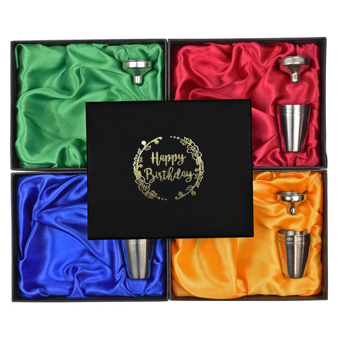 6oz Hip Flask in Gift Box with Funnel and Cups with a printed Happy Birthday lid