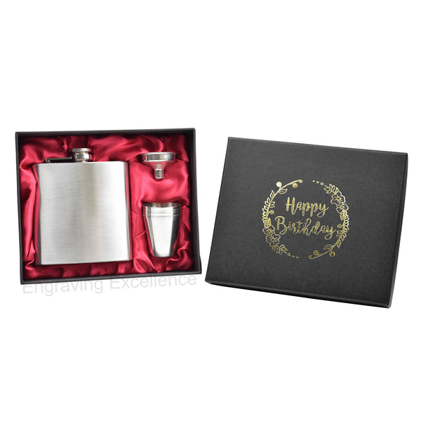 6oz Hip Flask in Gift Box with Funnel and Cups with a printed Happy Birthday lid