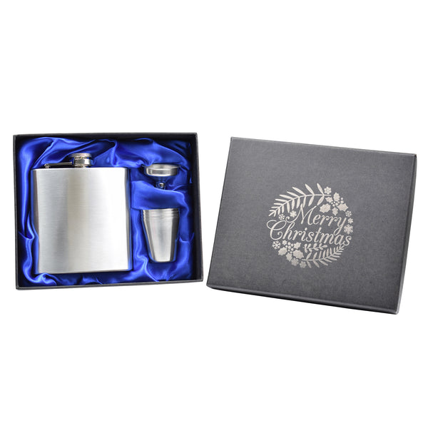 Merry Christmas 6oz Hip Flask in Gift Box with Funnel and Cups